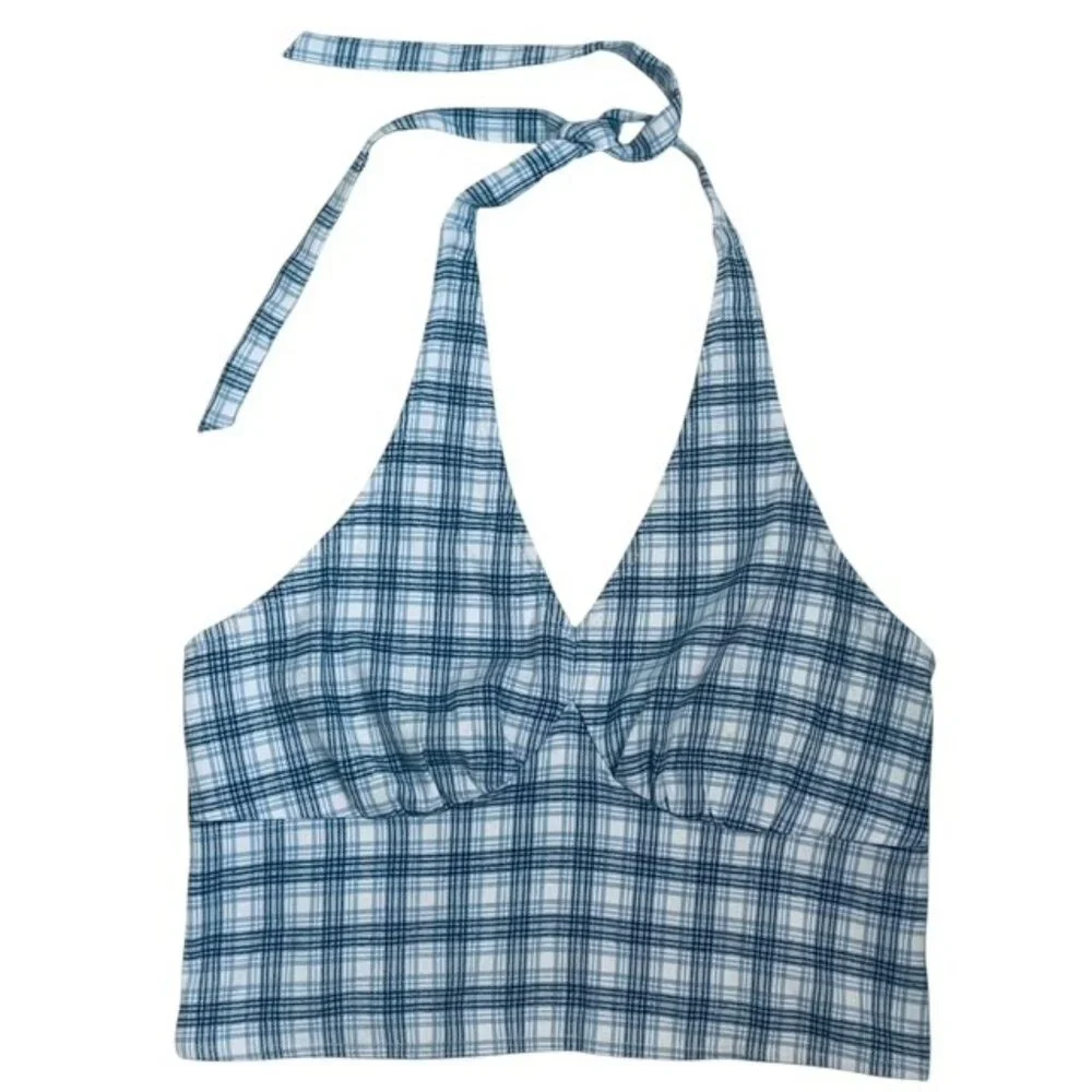 HOLLISTER Blue Plaid Halter Crop Top - Size Large